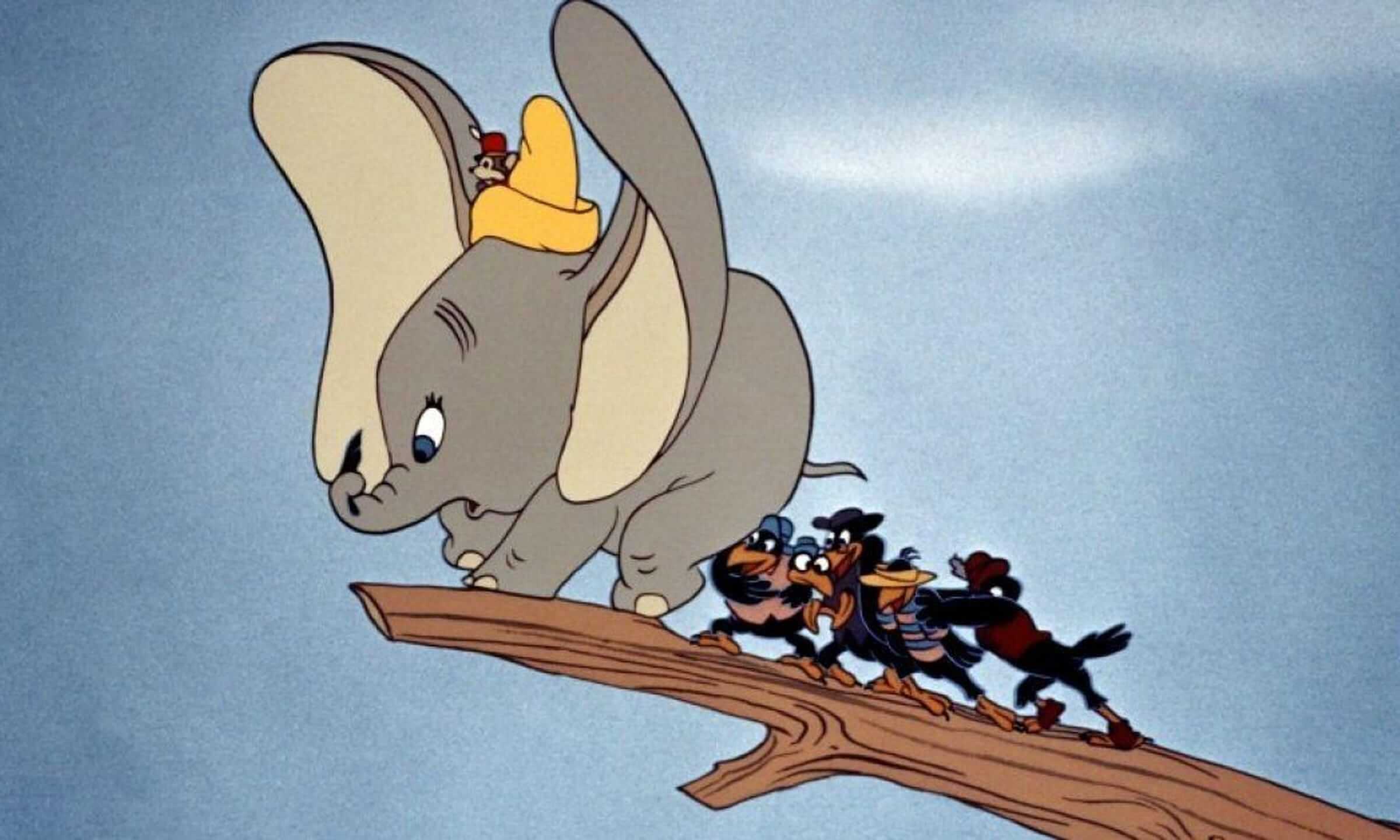 dumbo scared to fly while crows push him off